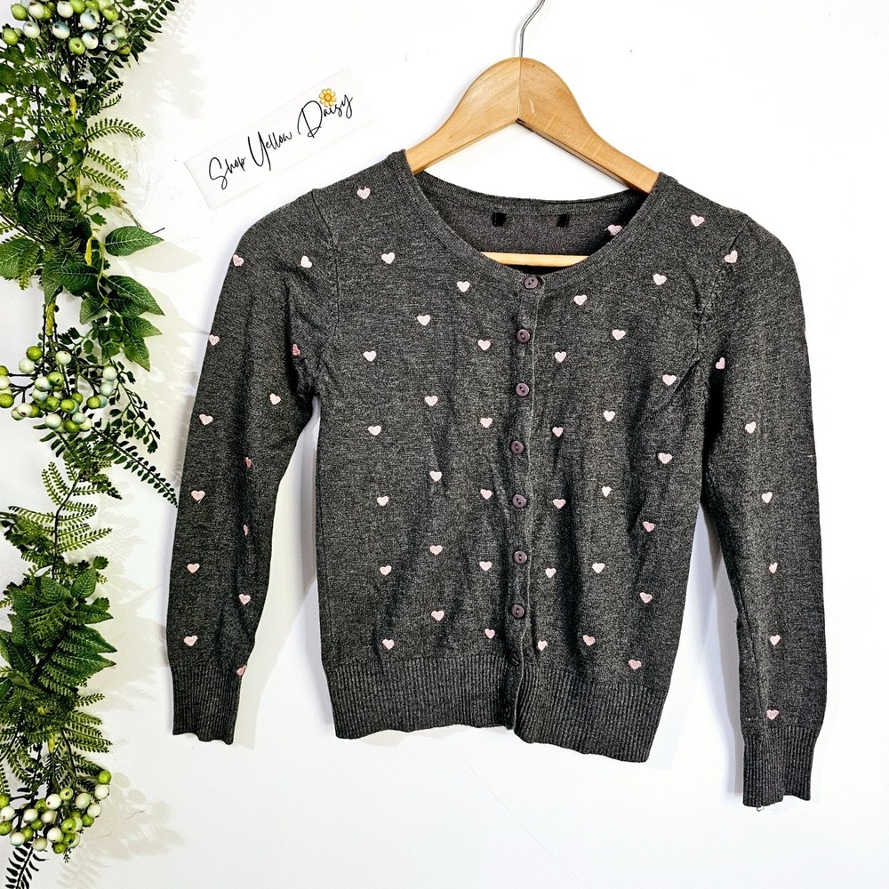 Papaya Cardigan Charcoal Grey Pink Embroidered Heart Print Button Up Soft Girl S